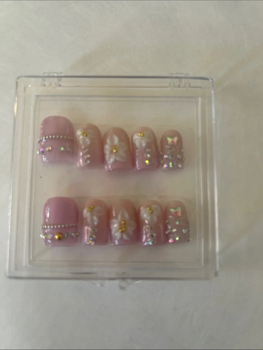 Pink 3D Floral Rhinestone Press-On Nails Set